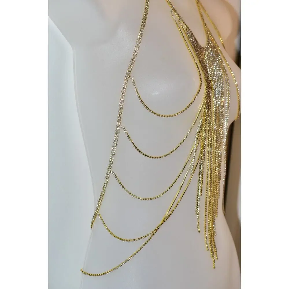 Vintage Body Necklace Top Wrap Rhinestone Crystal Gold Tone Fringe Chain Belt